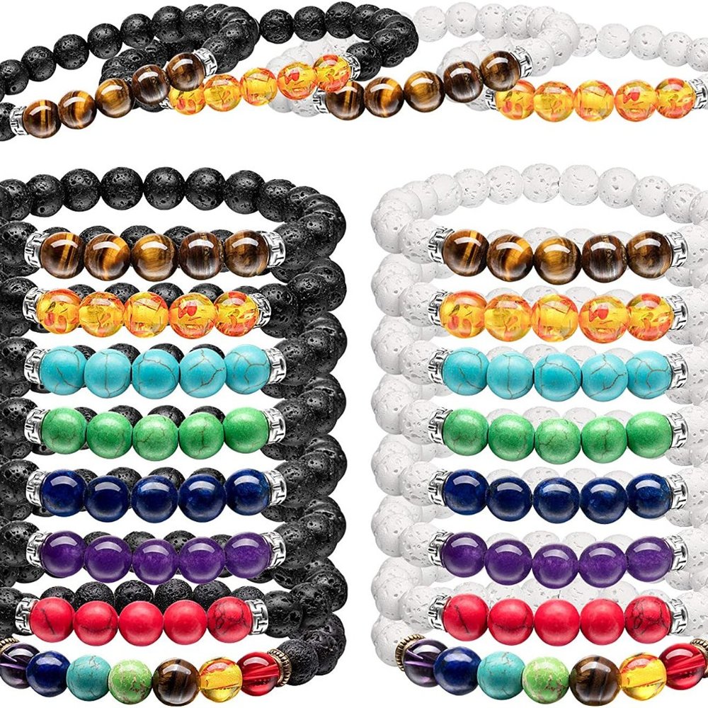 New 16 Pieces Men Women 8mm Lava Rock Bracelets 7 Chakra Aromatherapy Essential